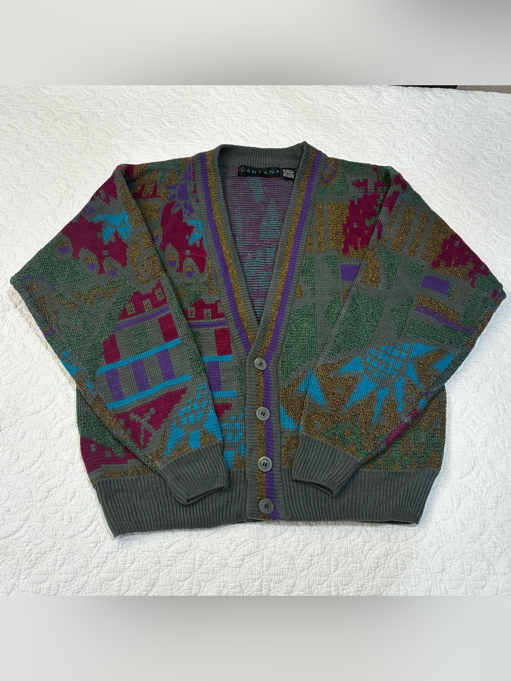 Vtg 80s 90s Santana Abstract Geometric L Cardigan Sweater Coogi Style Grandpa